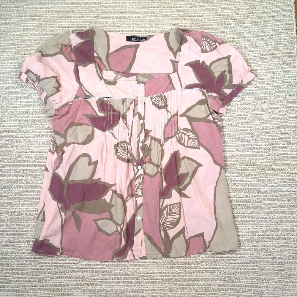 a.n.a A New Approach Floral Square Neck Pintuck Button Blouse L womens